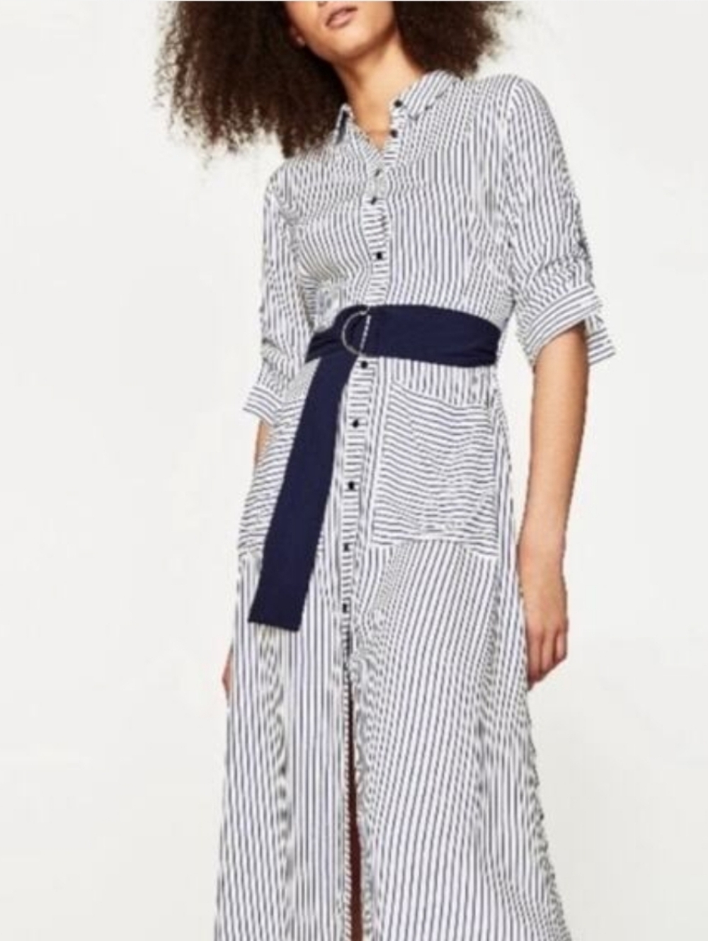 Zara Navy and White Striped Maxi Shirt Dress Size XS